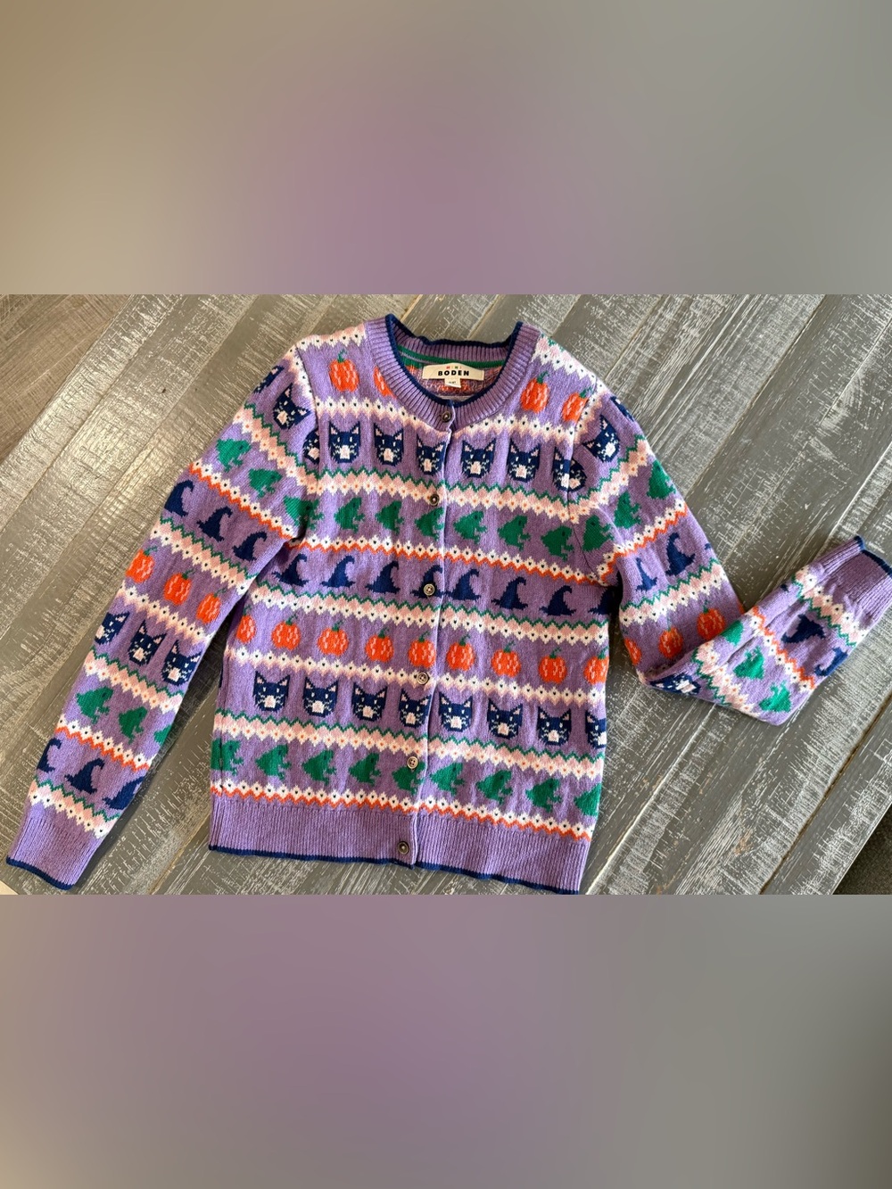 Mini Boden Purple Cardigan with Navy, Green and Orange Motifs
